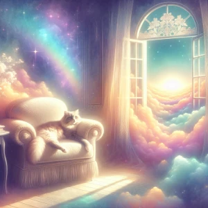 A cozy living room scene where a cat stretches lazily on a cushioned armchair. The room is bathed in soft pastel light, with an open window revealing a dreamy, cloudy sky and a faint rainbow in the distance