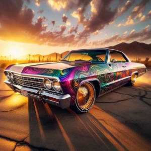 A 1967 Chevrolet Impala lowrider, parked on a sun-baked asphalt...