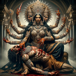 portrait of angry looking, four-armed indian goddess sitting on...