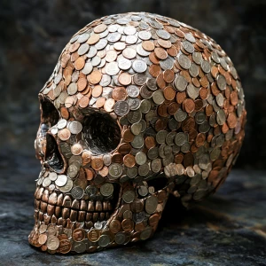 Skull formed out of pennies, hyperrealistic