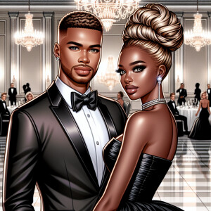 A light skin African American couple at a fancy ballroom event....
