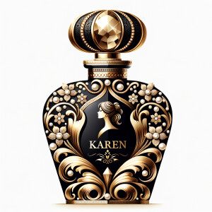 Design a fancy, black and gold bottle of perfume in the shape of a woman’s body. With a golden diamond top, flowers pearls and Diamonds in the name, Karen