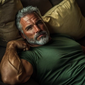 The image shows a muscular bodybuilder man lying on a couch, app...