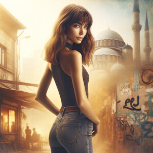 Athletic Thin skinny Attractive, Asian teenage girl, long brown hair and bangs, wearing tight skinny jeans and a halter top paint marks on her clothing, heroic pose Asian graffiti background, backside view