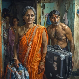 Realism art style,a 54-year-old Gujarati housemaid wearing a bri...
