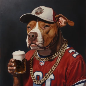 Create an image of a pit bull wearing a white gold chain and a Washington Commander’s cap and football jersey. He is also holding a beer