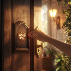 Create a 4d image of a cozy new house where a well manicured han...