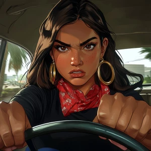 Lucia from GTA, a girl with brown hair, thick eyebrows, pumped u...