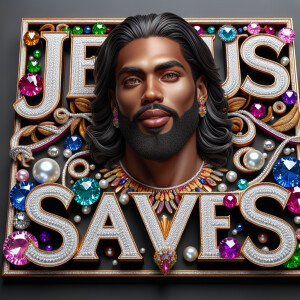 A 3D realistic artwork featuring the phrase 'Jesus Saves' adorne...