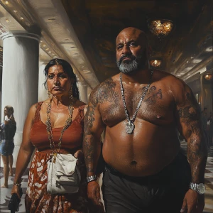 Hyperrealistic painting 1:1.A sweaty beefy muscular son in law c...