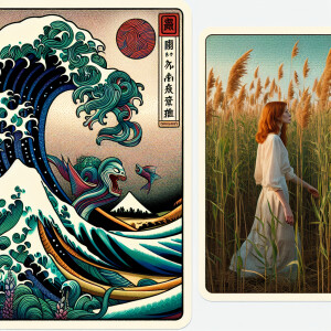 Photorealistic image. Ginger haired woman, fair skin walking in...