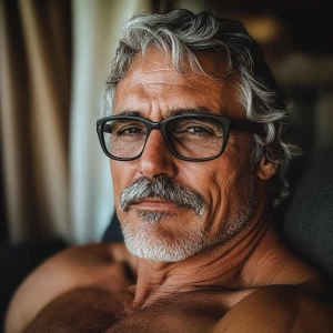 This image shows a close-up portrait of an older man bodybuilder...