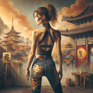 Athletic Thin skinny Attractive, Asian teenage girl, long brown hair and bangs, wearing tight skinny jeans and a halter top paint marks on her clothing, heroic pose Asian graffiti background, backside view