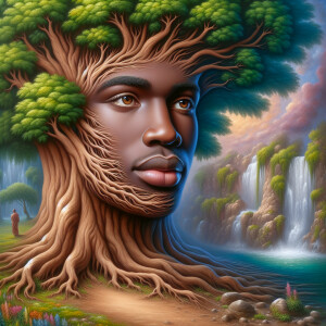 Create a hyper-realistic 3-D oil painting of a tree integrated w...