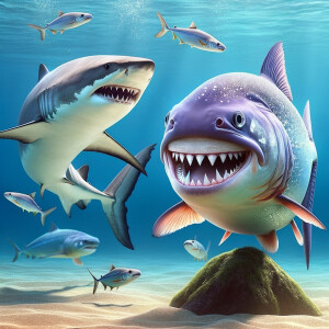 Purple lime piranha no teeth playing with a shark
