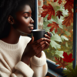 Black women drink tea looking out at the leaves falling in Octob...