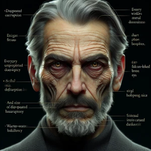Create a hyper-realistic portrait of a man with a sinister expre...