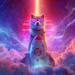 A Shiba Inu dog wearing futuristic cyberpunk sunglasses, standin...