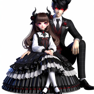 A girl named lilith with elegant gothic lolita dress sit on the lap of Handsome Lucifer with Black Horn, Msyterious Aura of Black and red, Lilith and Lucifer evil smirks, glowing eyes, 3D, High Res