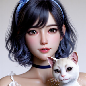 Realistic anime woman with dark blue hair and dark brown eyes. S...