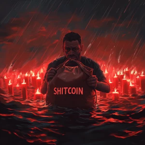 man holding a heavy bag labeled "SHITCOIN" while drowning in a s...