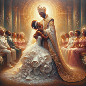 Imagine a hyper-realistic oil painting that captures a tender moment between theAfrican American bride and her God. The setting is intimate and filled with soft, warm lighting that enhances the emotional depth of the scene. The bride, in herexquisite wedding gown, shares a heartfelt embrace with her african-American Lord Jesus , who is dressedin an elegant outfit that complements the wedding's color scheme. Their expressions are full of love, pride, and joy, reflecting the special bond between them. Theattention to detail is paramount, from the intricate designs of their dresses to the subtle emotions conveyed in their facial expressions. The background is a blur ofgentle pastel hues, ensuring that the focus remains on this touching moment. Thispainting should convey the warmth, love, and depth of the relationship, with the rich textures and vibrant strokes characteristic of oil paintings, capturing the essence of this significant pre-wedding moment.