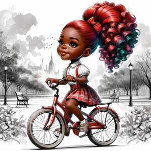 Ink wash panting: park landscape riding a bicycle. A caricature...