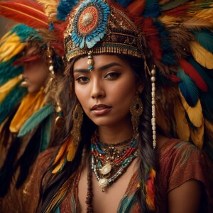 Young woman adorned in a richly decorated headdress, featuring a...