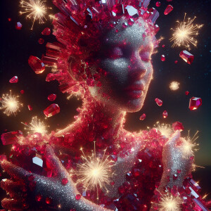 Crystalline woman made of rubies and fireworks. Lifelike cinemat...