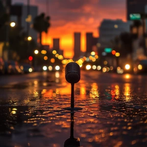 Create an image of a sunset in Los Angeles after a rain shower w...
