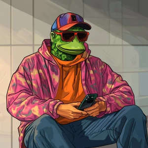 PEPE meme.on his cell phone, 80's clothing, in GTA San Andreas a...