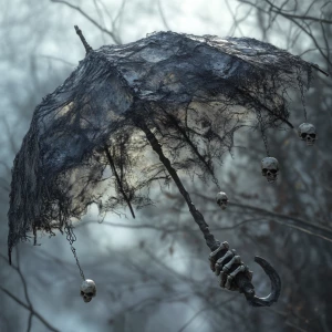 Imagine a macabre umbrella with a handle shaped like a skeletal...