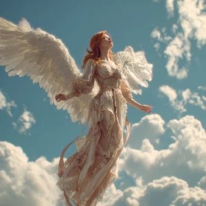 Full-body portrait of a beautiful redhead angel descending from...