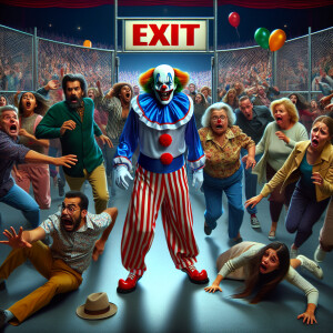 There is a scary clown in the middle of the circus arena. People...