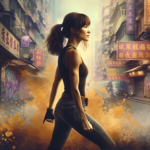 Athletic Thin skinny Attractive, Asian teenage girl, long brown hair and bangs, wearing tight skinny jeans and a halter top paint marks on her clothing, heroic pose Asian graffiti background, backside view