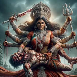 portrait of angry looking goddess durga  carrying a weak mahishasur in her two arms and stabbing him with her amazingly designed trident. She is wearing a huge silver crown, red saree, abundant silver jewelry, covered in blood. The scene is set in ancient India. The image is 8K resolution, cinematic, ultra detailed face and epic.