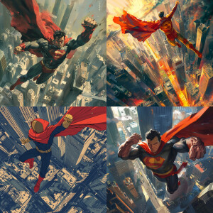 Design: A superhero in flight above an urban landscape.