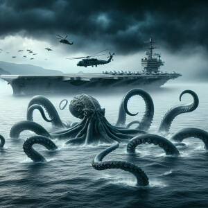 A kraken emerging from the abyss, a tentacle wraps helicopter, a...