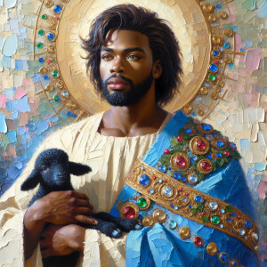 Oil painting of an African-American man resembling Jesus Christ,...