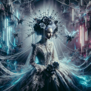 A stunning Corpse Bride, her porcelain skin aglow under a haunti...