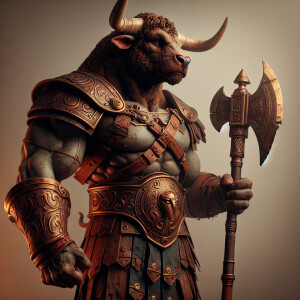 Minotaur, Ancient Greek like armor. Wielding a massive double si...