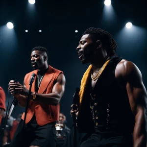 Two black men muscle sings on stage