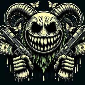 Design a horror-themed smiley face mascot logo with a menacing c...