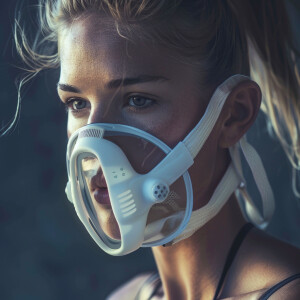 A breathing mask covering mouth and nose suppose to track data a...