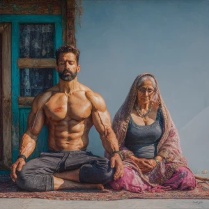 Hyperrealism,sharp painting,A man muscular beefy sweaty doinga y...