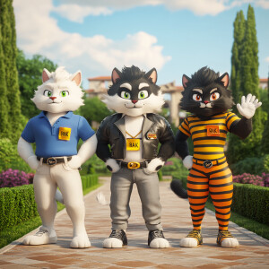 Create a 3D animated image of three muscular anthropomorphic cat...