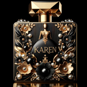 Design a fancy, black and gold bottle of perfume in the shape of a woman’s body. With a golden diamond top, flowers pearls and Diamonds in the name, Karen