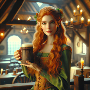 An elf with long orange hair, green eyes, green maid clothes, a...