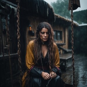 A sad drenched Wench is chained to a block outside a warm hut at...