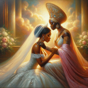 Imagine a hyper-realistic oil painting that captures a tender moment between theAfrican American bride and her God. The setting is intimate and filled with soft, warm lighting that enhances the emotional depth of the scene. The bride, in herexquisite wedding gown, shares a heartfelt embrace with her african-American Lord Jesus , who is dressedin an elegant outfit that complements the wedding's color scheme. Their expressions are full of love, pride, and joy, reflecting the special bond between them. Theattention to detail is paramount, from the intricate designs of their dresses to the subtle emotions conveyed in their facial expressions. The background is a blur ofgentle pastel hues, ensuring that the focus remains on this touching moment. Thispainting should convey the warmth, love, and depth of the relationship, with the rich textures and vibrant strokes characteristic of oil paintings, capturing the essence of this significant pre-wedding moment.